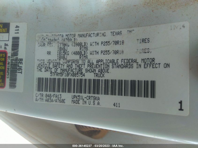 2015 TOYOTA TUNDRA 2WD TRUCK SR/SR5 - 5TFRM5F10FX085754