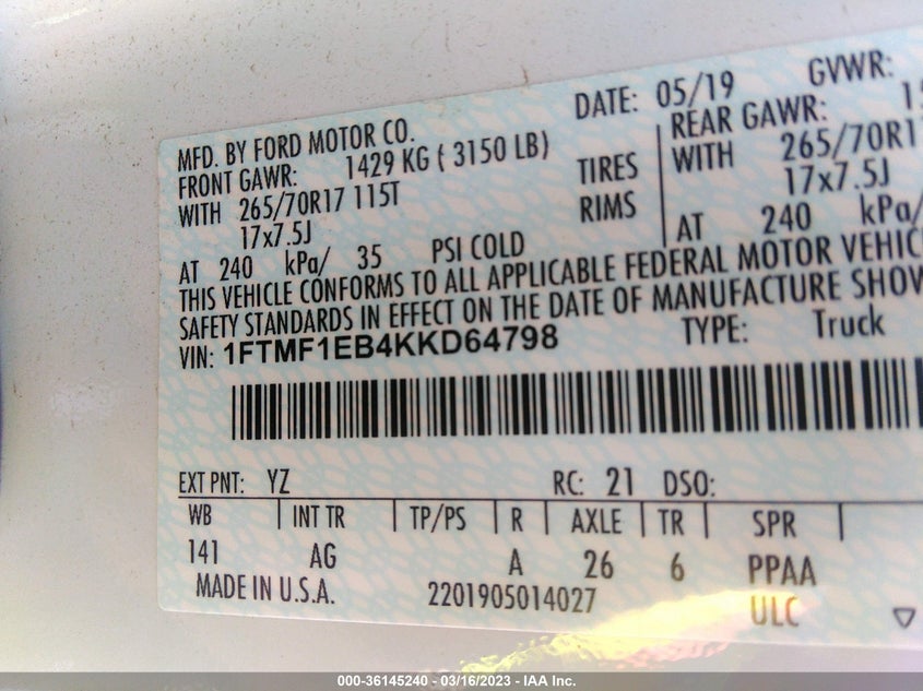 VIN 1FTMF1EB4KKD64798 2019 FORD F-150 XL/XLT