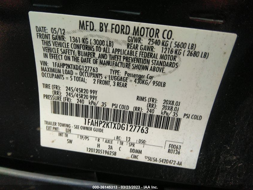 2013 FORD TAURUS SHO - 1FAHP2KTXDG127763