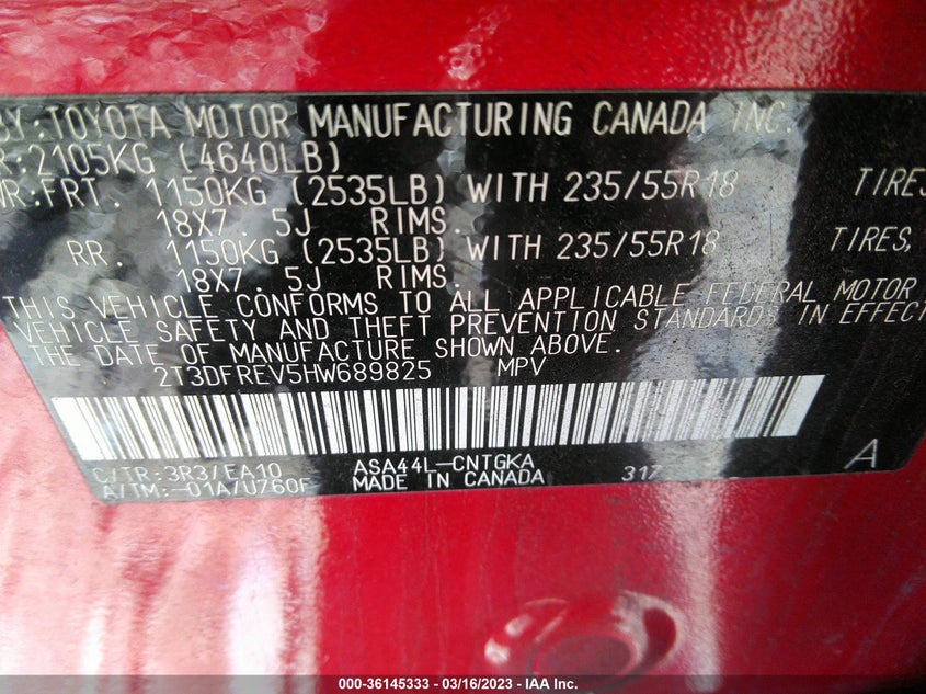 VIN 2T3DFREV5HW689825 2017 TOYOTA RAV4 LIMITED/PLATINUM