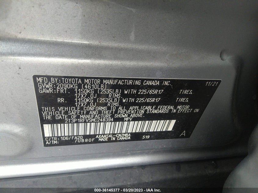VIN 2T3P1RFV5MC248394 2021 TOYOTA RAV4 XLE