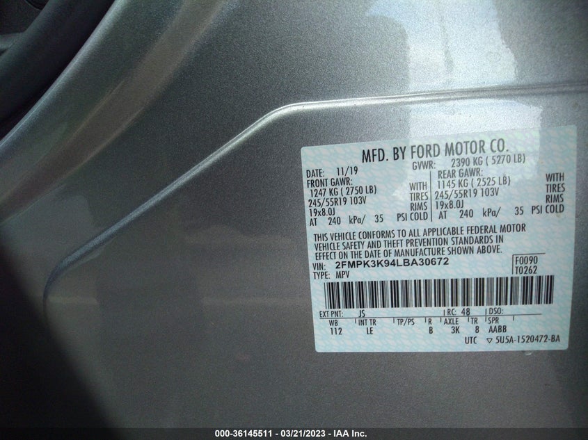 VIN 2FMPK3K94LBA30672 2020 FORD EDGE TITANIUM