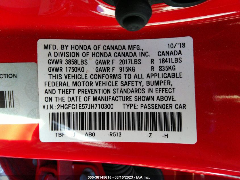 2018 HONDA CIVIC SI SEDAN - 2HGFC1E57JH710300