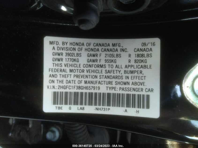 2016 HONDA CIVIC SEDAN EX-T - 2HGFC1F38GH657919