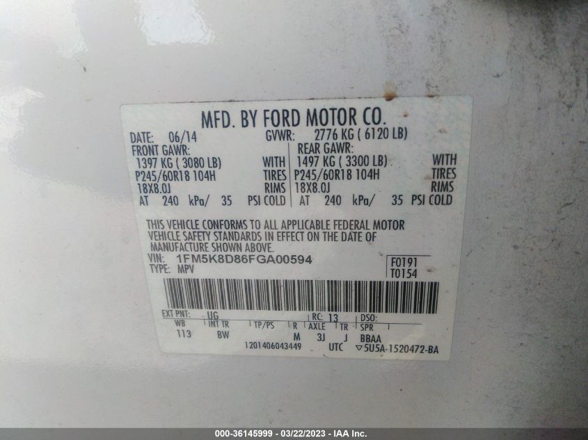 2015 FORD EXPLORER XLT - 1FM5K8D86FGA00594