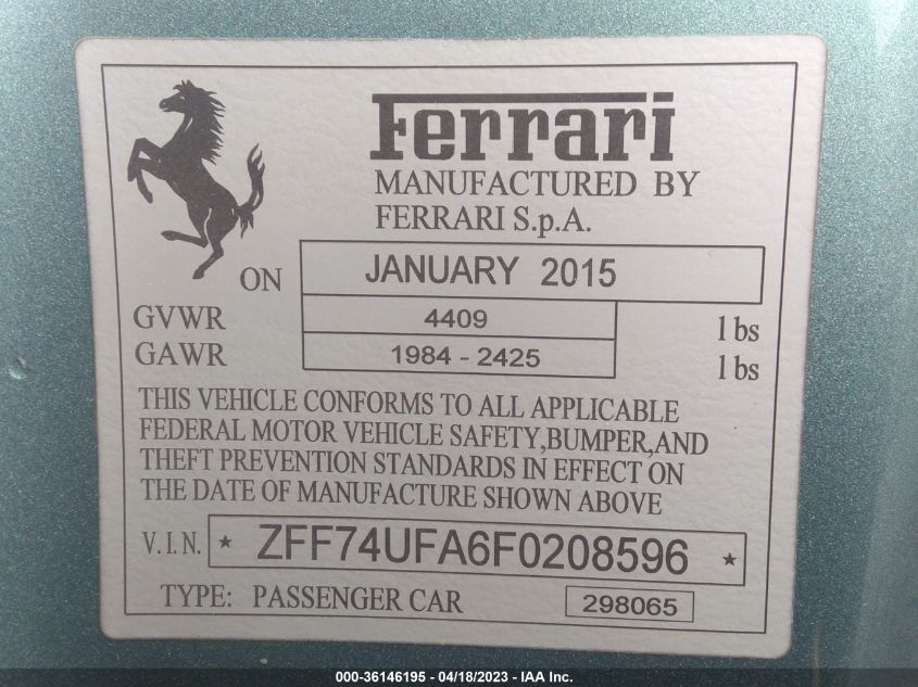 2015 FERRARI F12BERLINETTA ZFF74UFA6F0208596