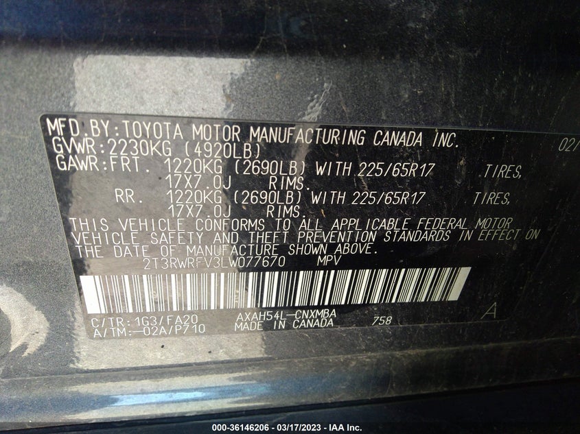 VIN 2T3RWRFV3LW077670 2020 TOYOTA RAV4 HYBRID XLE