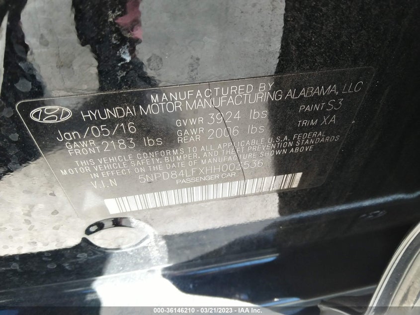 VIN 5NPD84LFXHH003536 2017 HYUNDAI ELANTRA SE