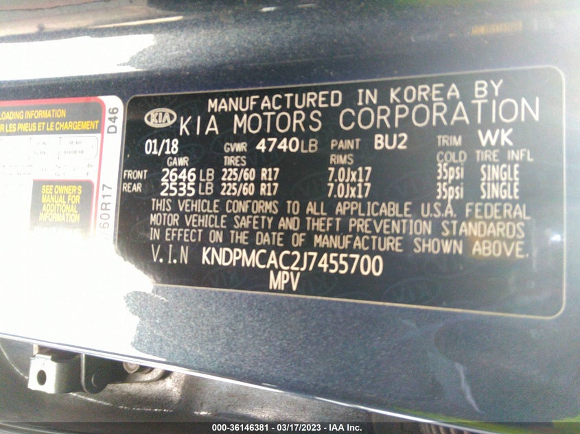 VIN KNDPMCAC2J7455700 2018 KIA SPORTAGE LX