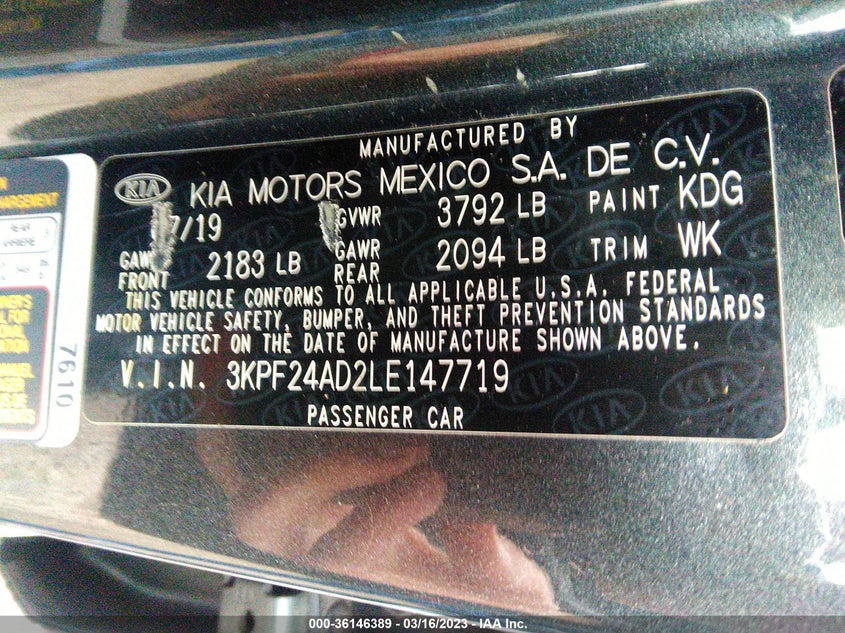 VIN 3KPF24AD2LE147719 2020 KIA FORTE LXS
