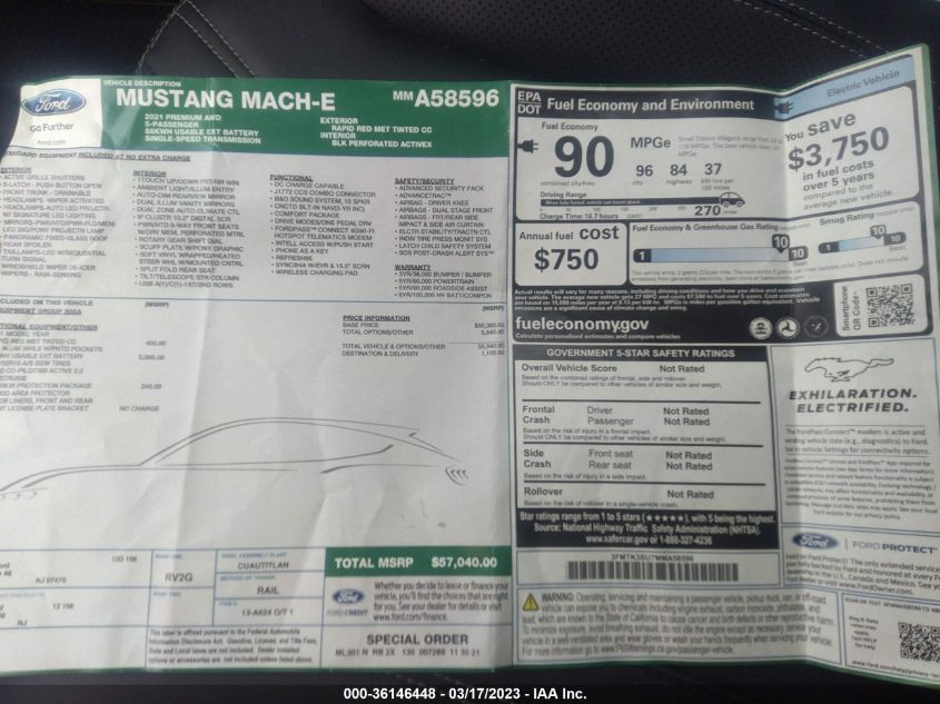 2021 FORD MUSTANG MACH-E PREMIUM 3FMTK3SU7MMA58596