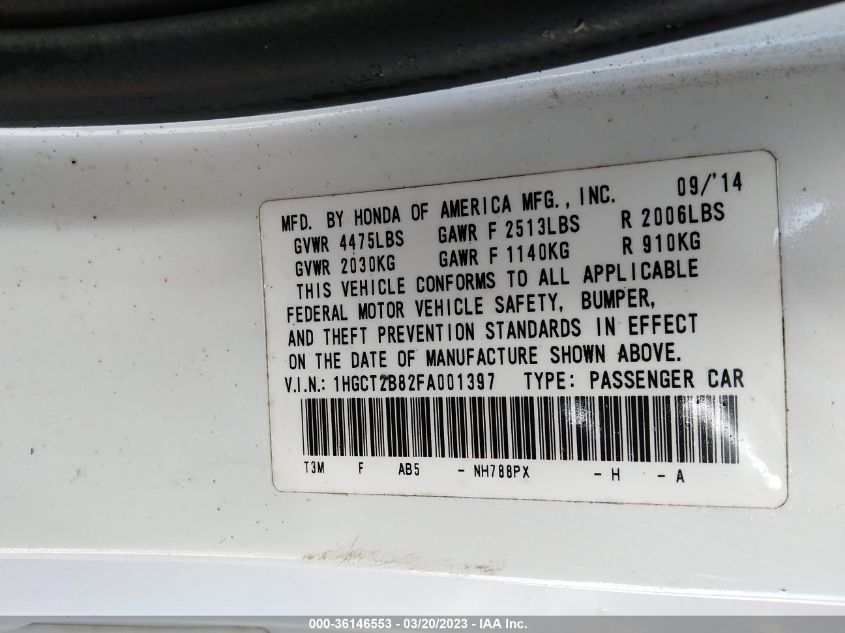 2015 HONDA ACCORD COUPE EX-L - 1HGCT2B82FA001397