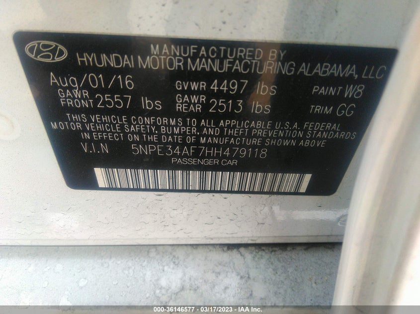 VIN 5NPE34AF7HH479118 2017 HYUNDAI SONATA SPORT