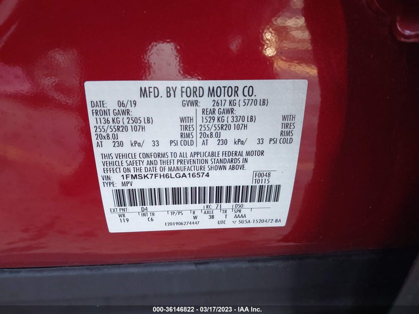 VIN 1FMSK7FH6LGA16574 2020 FORD EXPLORER LIMITED