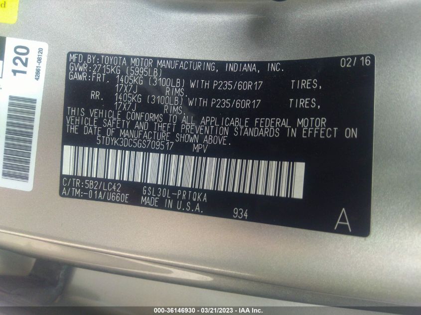 2016 TOYOTA SIENNA XLE/XLE AAS/LTD - 5TDYK3DC5GS709517