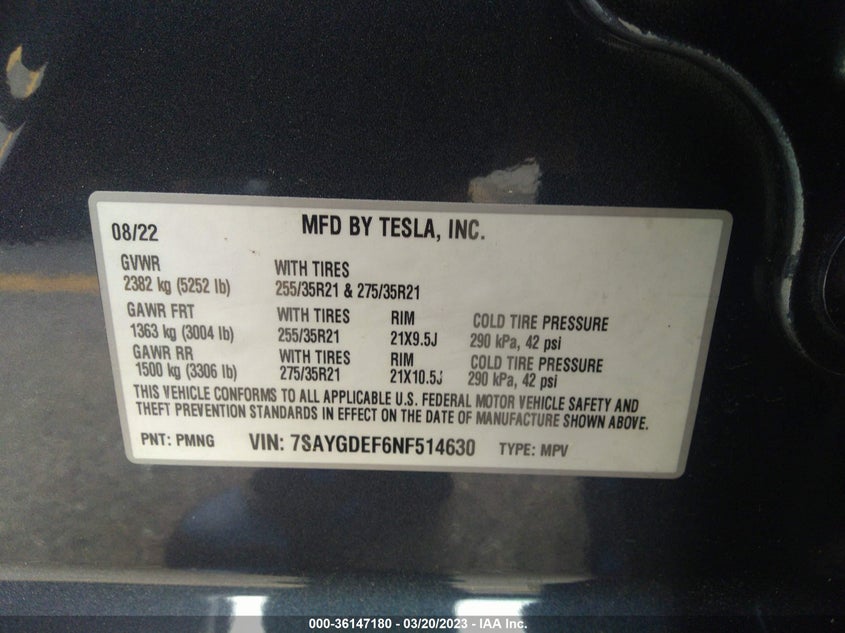 VIN 7SAYGDEF6NF514630 2022 TESLA MODEL Y PERFORMANCE
