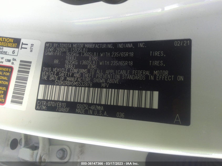 VIN 5TDHZRBH5MS532878 2021 TOYOTA HIGHLANDER XLE