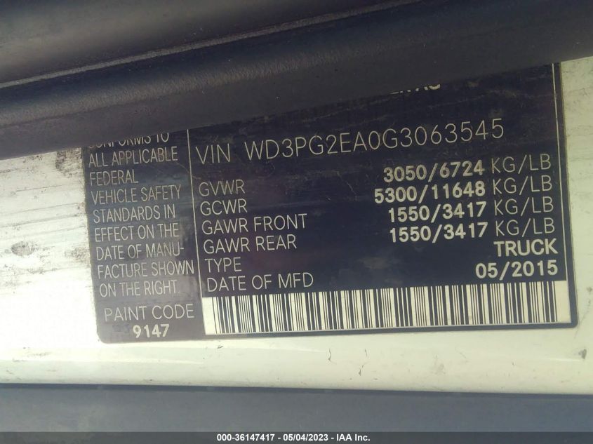 2016 MERCEDES-BENZ METRIS CARGO VAN WD3PG2EA0G3063545