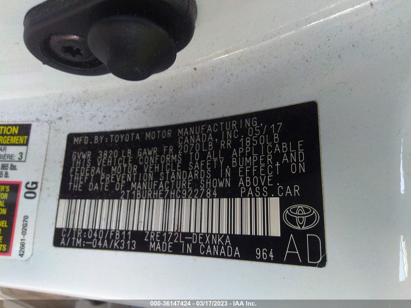 VIN 2T1BURHE7HC922784 2017 TOYOTA COROLLA L/LE/XLE/SE