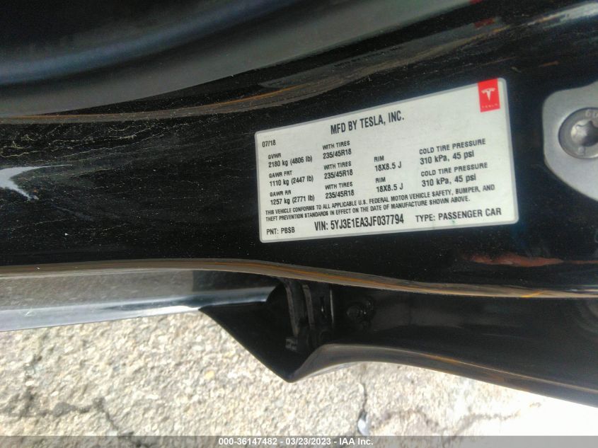 2018 TESLA MODEL 3 RANGE BATTERY - 5YJ3E1EA3JF037794