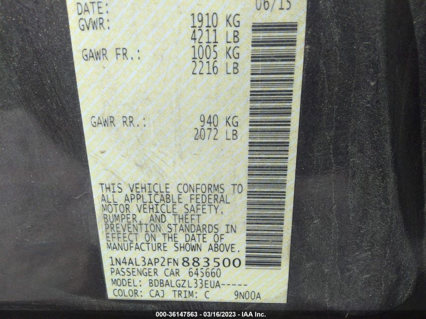 2015 NISSAN ALTIMA 2.5 S - 1N4AL3AP2FN883500