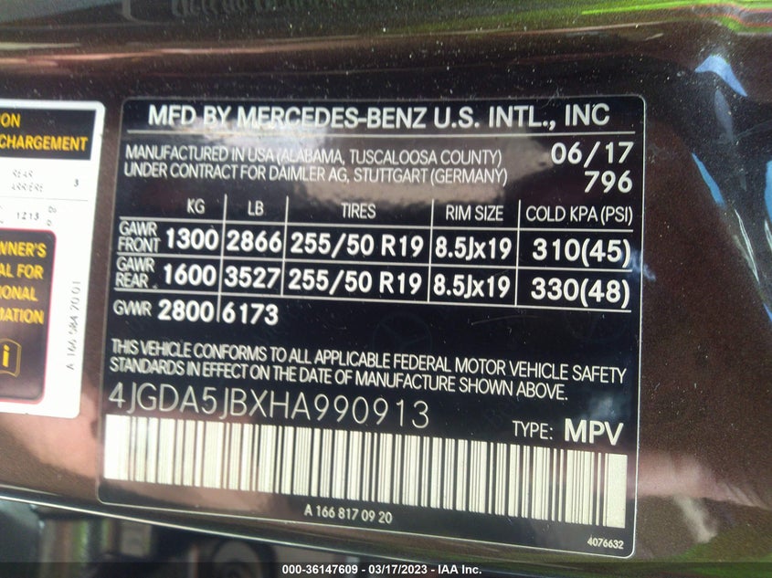 VIN 4JGDA5JBXHA990913 2017 MERCEDES-BENZ GLE GLE 350