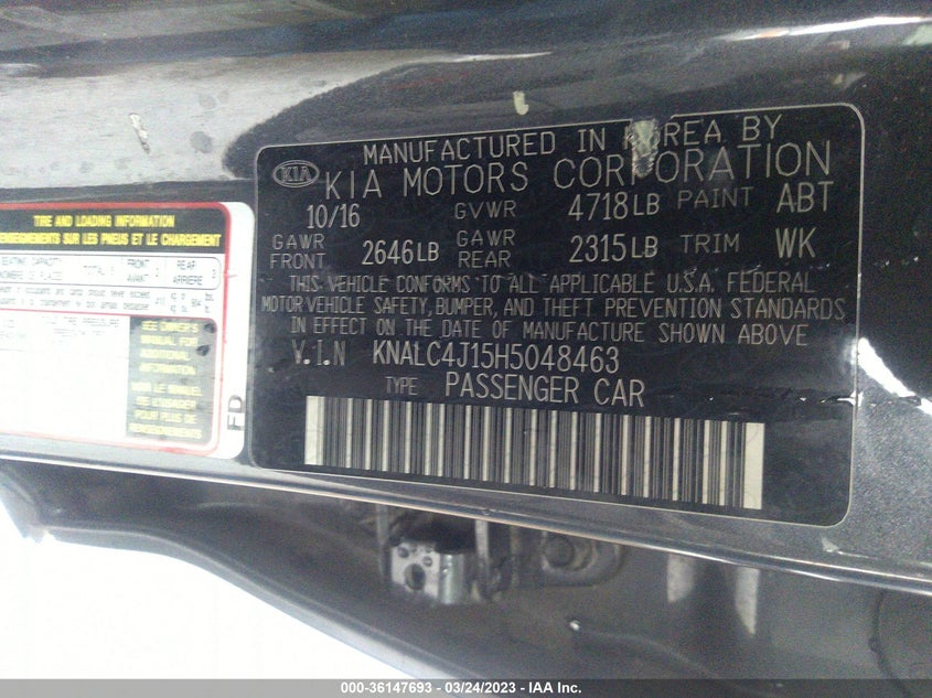 VIN KNALC4J15H5048463 2017 KIA CADENZA PREMIUM