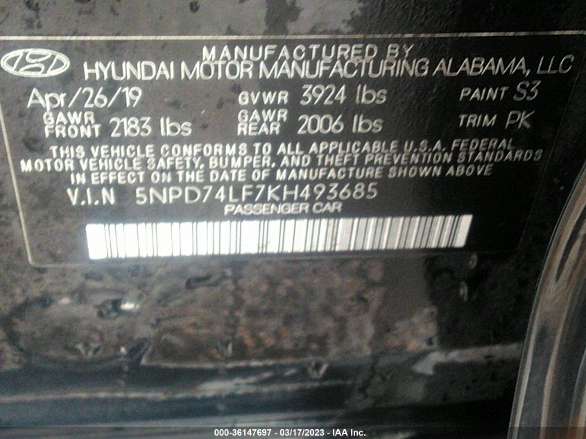 2019 HYUNDAI ELANTRA SE - 5NPD74LF7KH493685