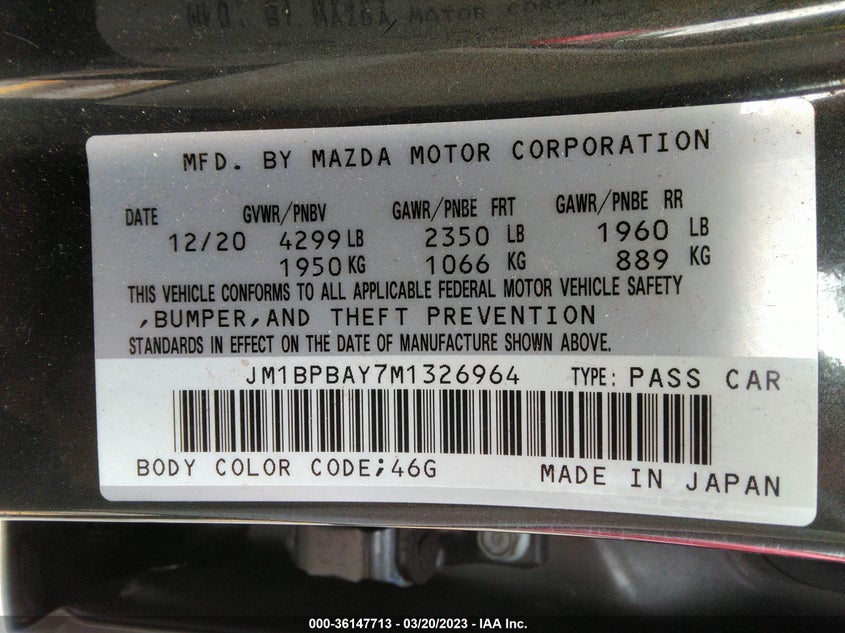 VIN JM1BPBAY7M1326964 2021 MAZDA MAZDA3 SEDAN 2.5 TURBO