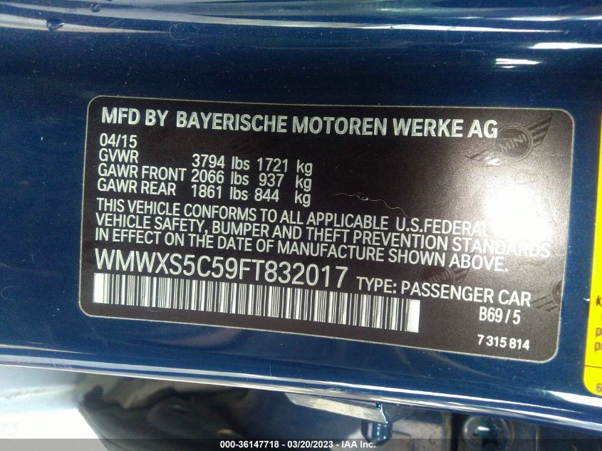 2015 MINI COOPER HARDTOP 4 DOOR - WMWXS5C59FT832017