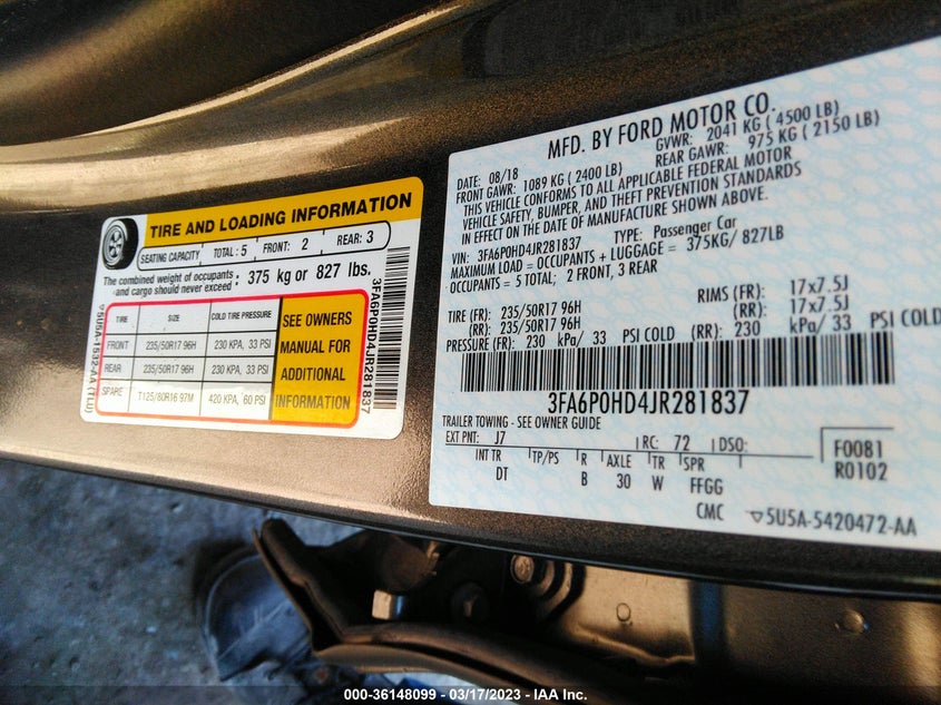 VIN 3FA6P0HD4JR281837 2018 FORD FUSION SE