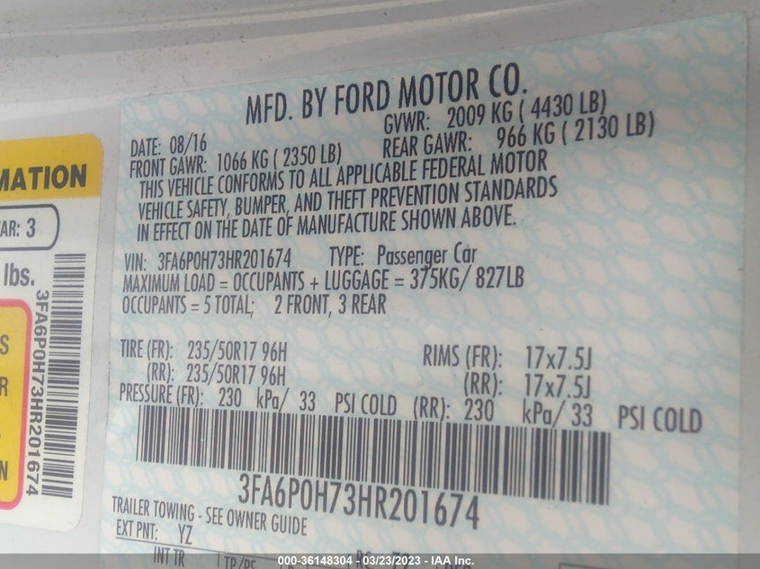 VIN 3FA6P0H73HR201674 2017 FORD FUSION SE