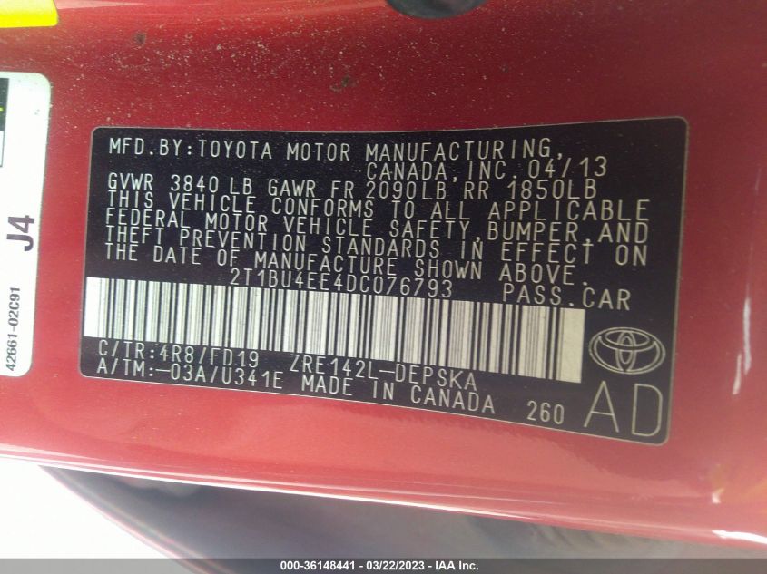 2013 TOYOTA COROLLA L/LE/S - 2T1BU4EE4DC076793