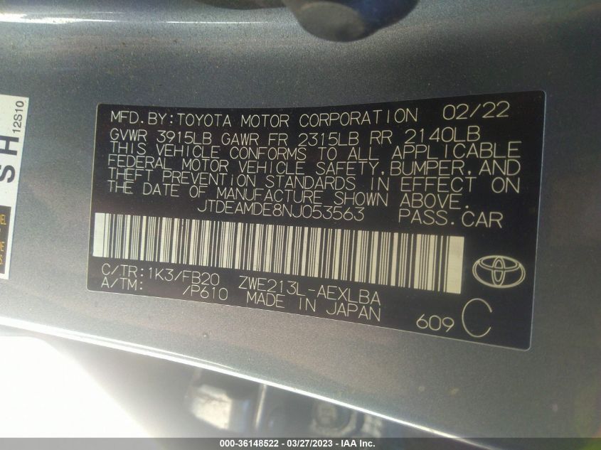 2022 TOYOTA COROLLA HYBRID LE - JTDEAMDE8NJ053563