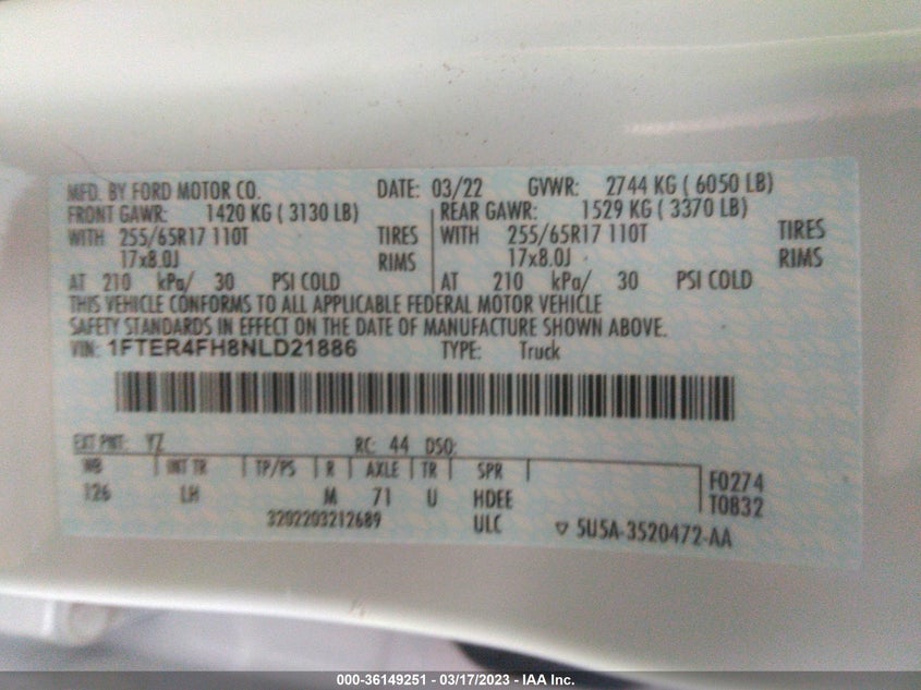 VIN 1FTER4FH8NLD21886 2022 FORD RANGER XL/XLT/LARIAT