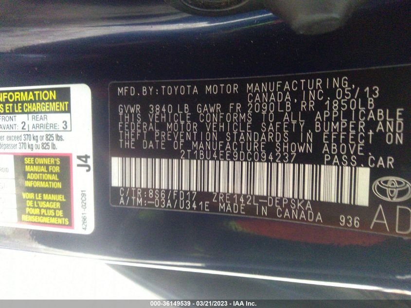 2013 TOYOTA COROLLA L/LE/S - 2T1BU4EE9DC094237