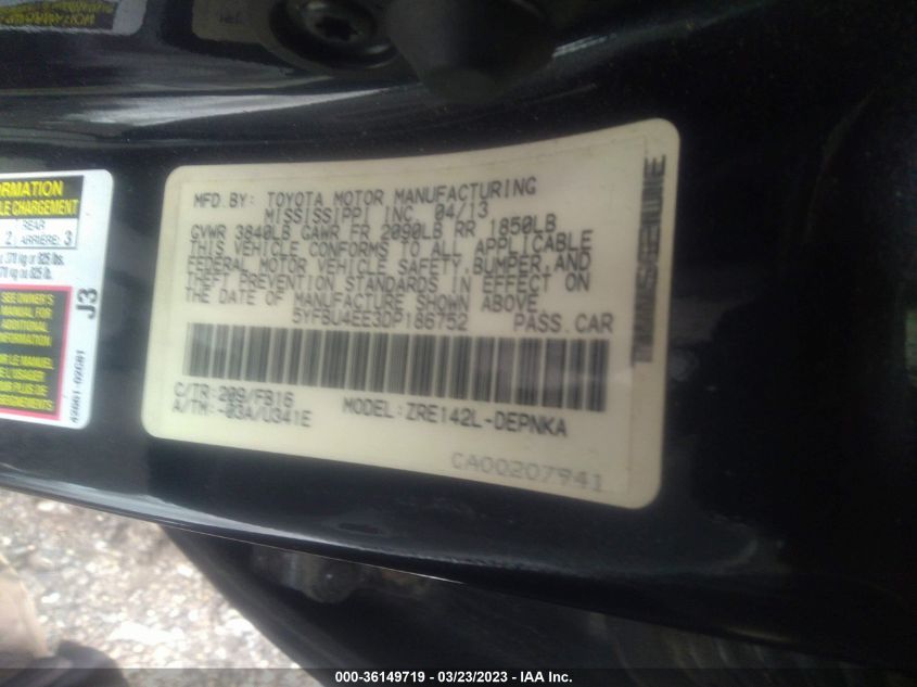 2013 TOYOTA COROLLA L/LE/S - 5YFBU4EE3DP186752