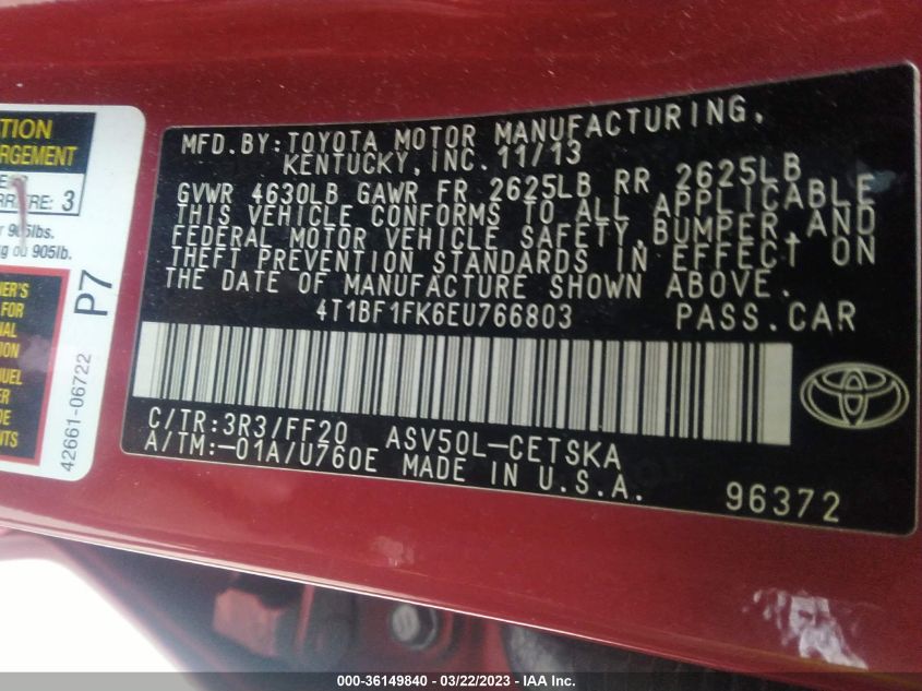 2014 TOYOTA CAMRY L/LE/XLE/SE/SE SPORT - 4T1BF1FK6EU766803
