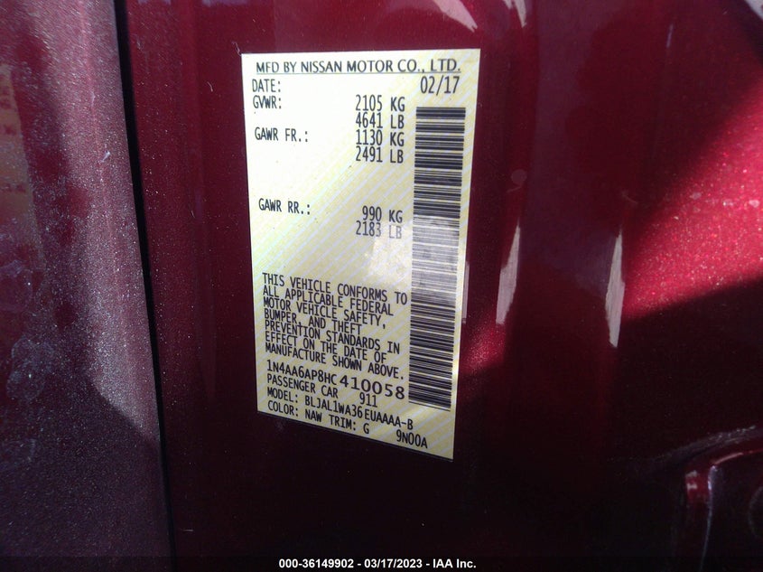 VIN 1N4AA6AP8HC410058 2017 NISSAN MAXIMA SR