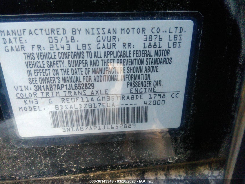 VIN 3N1AB7AP1JL652829 2018 NISSAN SENTRA SV
