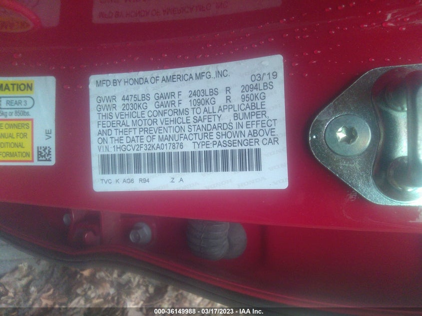 VIN 1HGCV2F32KA017876 2019 HONDA ACCORD SEDAN SPORT 2.0T