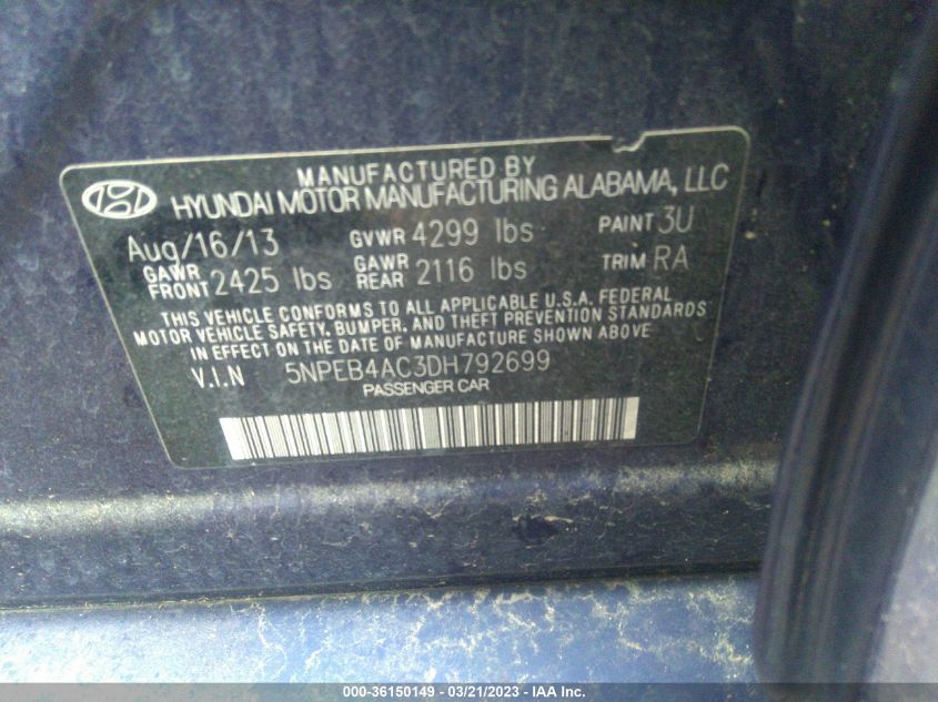 2013 HYUNDAI SONATA GLS - 5NPEB4AC3DH792699