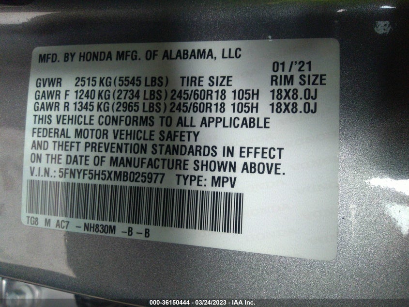 VIN 5FNYF5H5XMB025977 2021 HONDA PILOT EX-L