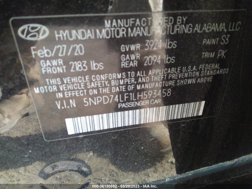 VIN 5NPD74LF1LH593458 2020 HYUNDAI ELANTRA SE