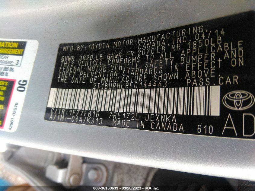 2014 TOYOTA COROLLA L/LE/S/S PLUS/LE PLUS - 2T1BURHE8EC144443