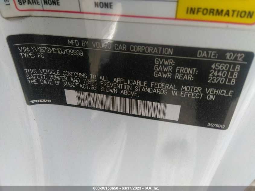 2013 VOLVO C70 T5 YV1672MC1DJ139599