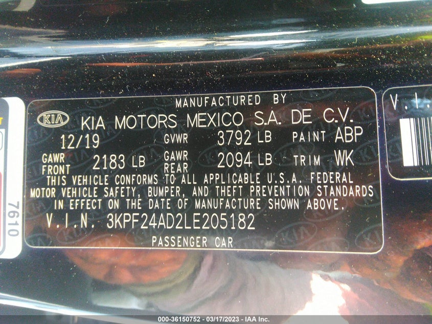 VIN 3KPF24AD2LE205182 2020 KIA FORTE LXS