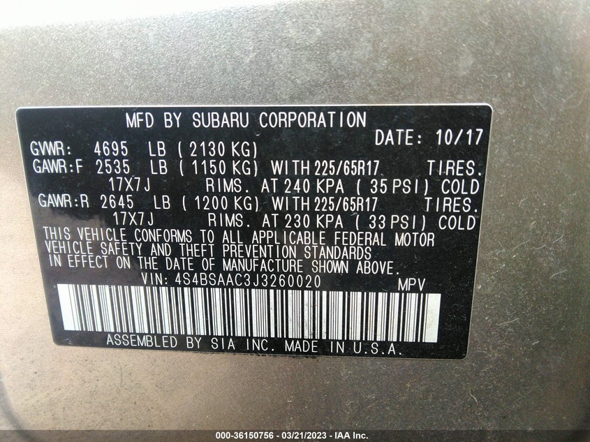 VIN 4S4BSAAC3J3260020 2018 SUBARU OUTBACK