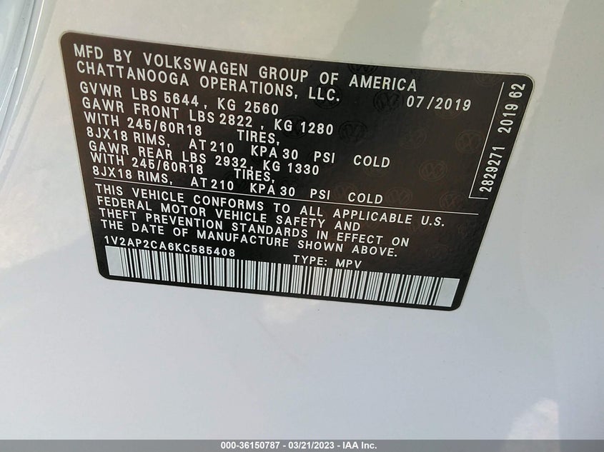 VIN 1V2AP2CA6KC585408 2019 VOLKSWAGEN ATLAS 2.0T S