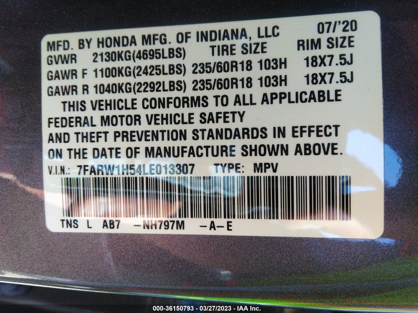 VIN 7FARW1H54LE013307 2020 HONDA CR-V EX